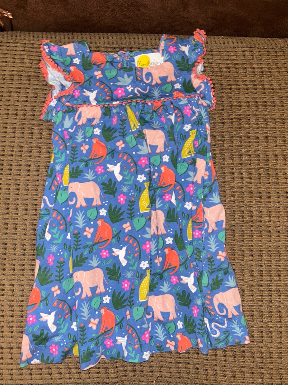 Mini Boden Girls 4/5 Garden Jungle Flutter Sleeve Dress Pom Pom Trim Animals